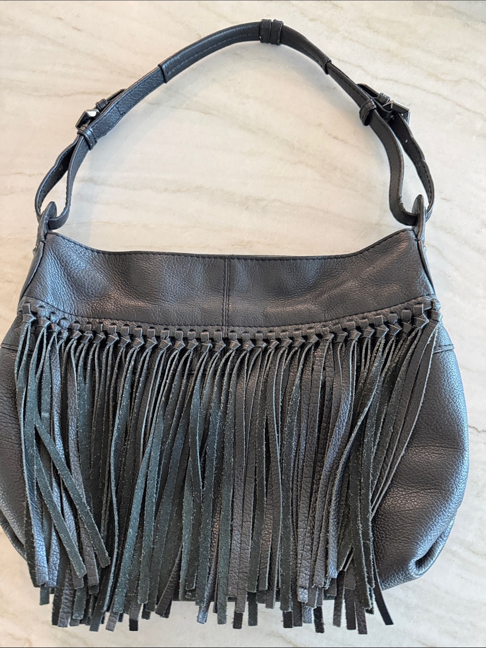 orYANY Black  Leather Fringe Hobo Tote Bag Large 15" Handbag 6 Pockets